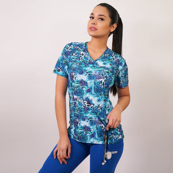 Delantal Mujer tela elasticada estampada. Combina con Azul Rey - Art. 2344