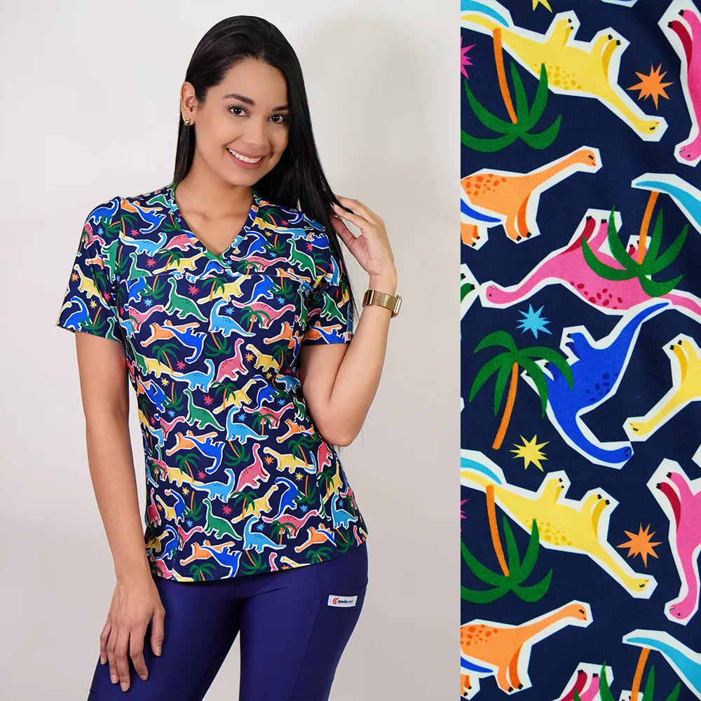 Delantal Mujer tela elasticada estampada dinosaurios. Combina con Azul Marino y Azul Rey - Art. 2468
