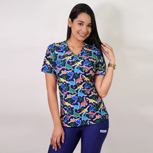  Delantal Mujer tela elasticada estampada dinosaurios. Combina con Azul Marino y Azul Rey - Art. 2468