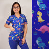 Delantal Mujer tela elasticada estampada dinosaurios. Combina con Azul Rey - Art. 2496