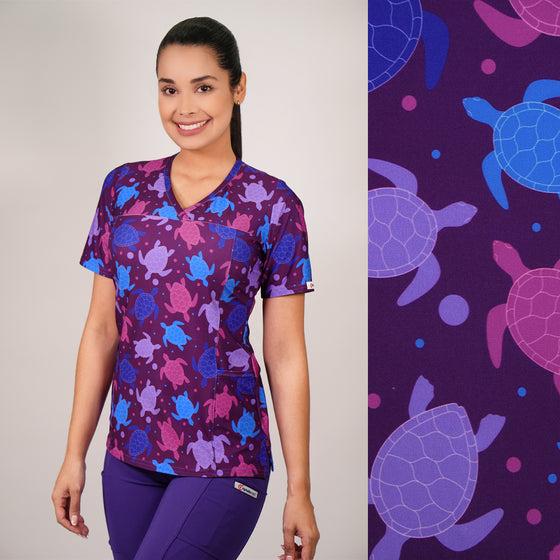 Delantal Mujer tela elasticada estampada Tortuga. Combina con Morado - Art. 2497