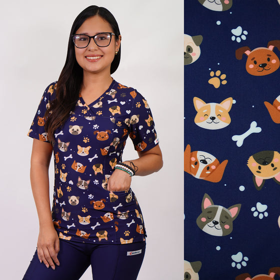 Delantal Mujer tela elasticada estampada Perritos. Combina con Azul Marino - Art. 2498
