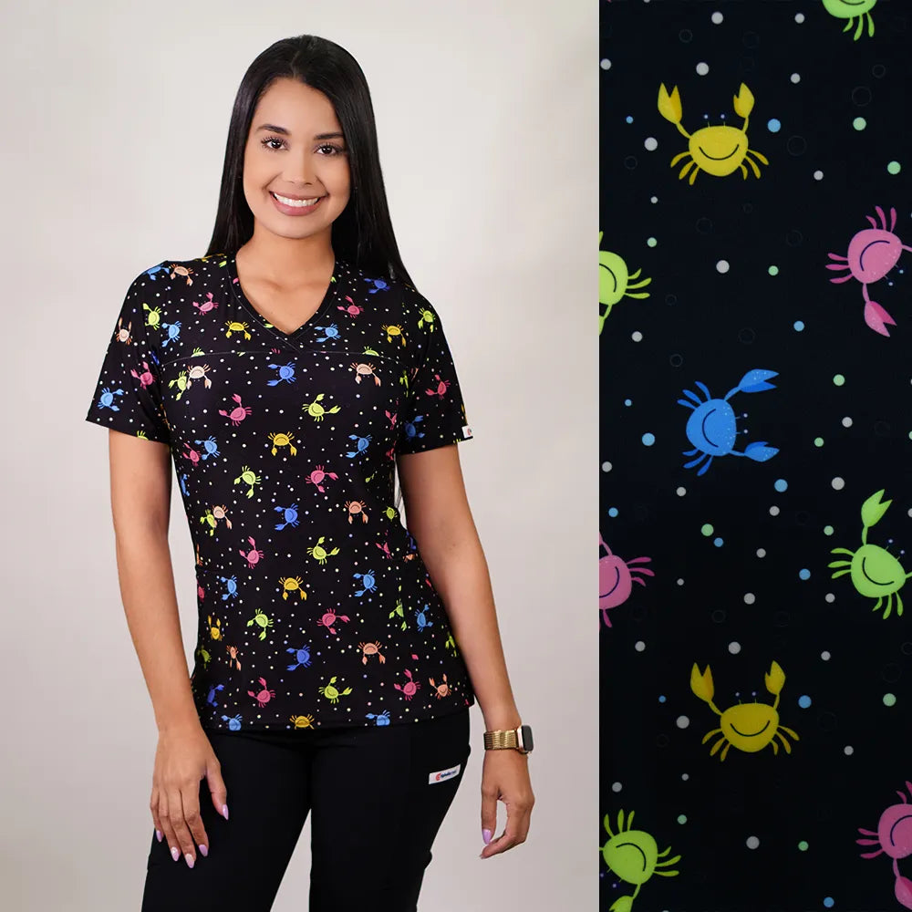 Delantal Mujer tela elasticada estampada Cangrejos. Combina con Negro - Art. 2502