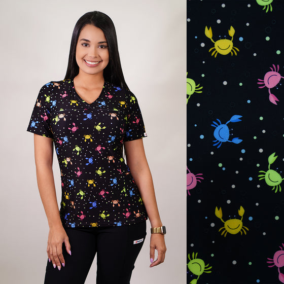 Delantal Mujer tela elasticada estampada Cangrejos. Combina con Negro - Art. 2502