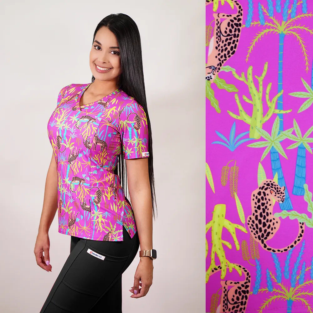 Delantal Mujer tela elasticada estampada Leopardo. Combina con Fucsia - Art. 2503