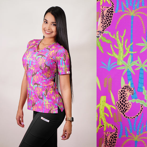 Delantal Mujer tela elasticada estampada Leopardo. Combina con Fucsia - Art. 2503