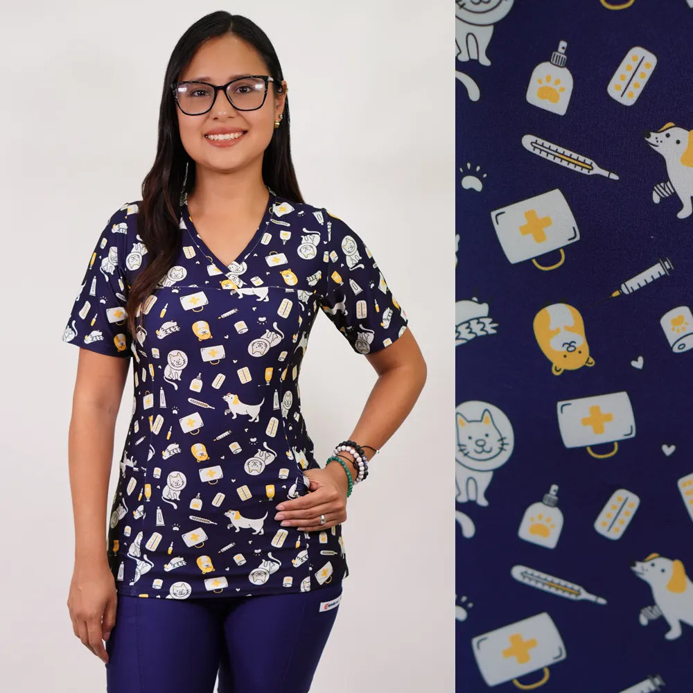 Delantal Mujer tela elasticada estampada Animalitos. Combina con Azul Marino - Art. 2504