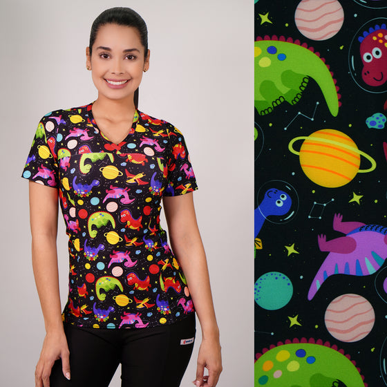 Delantal Mujer tela elasticada estampada dinosaurios. Combina con Negro - Art. 2506