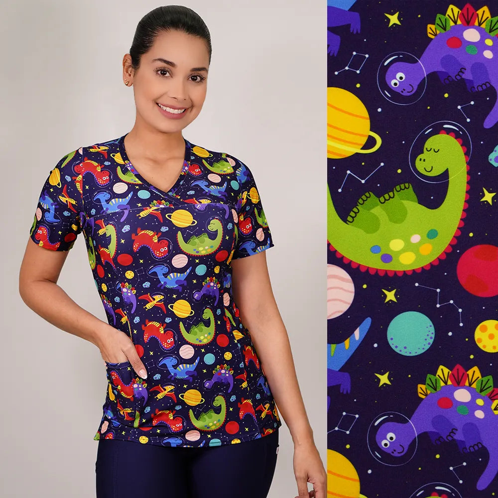 Delantal Mujer tela elasticada estampada Dinosaurios. Combina con Azul Marino - Art. 2507