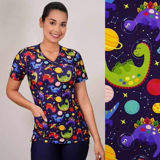 Delantal Mujer tela elasticada estampada Dinosaurios. Combina con Azul Marino - Art. 2507