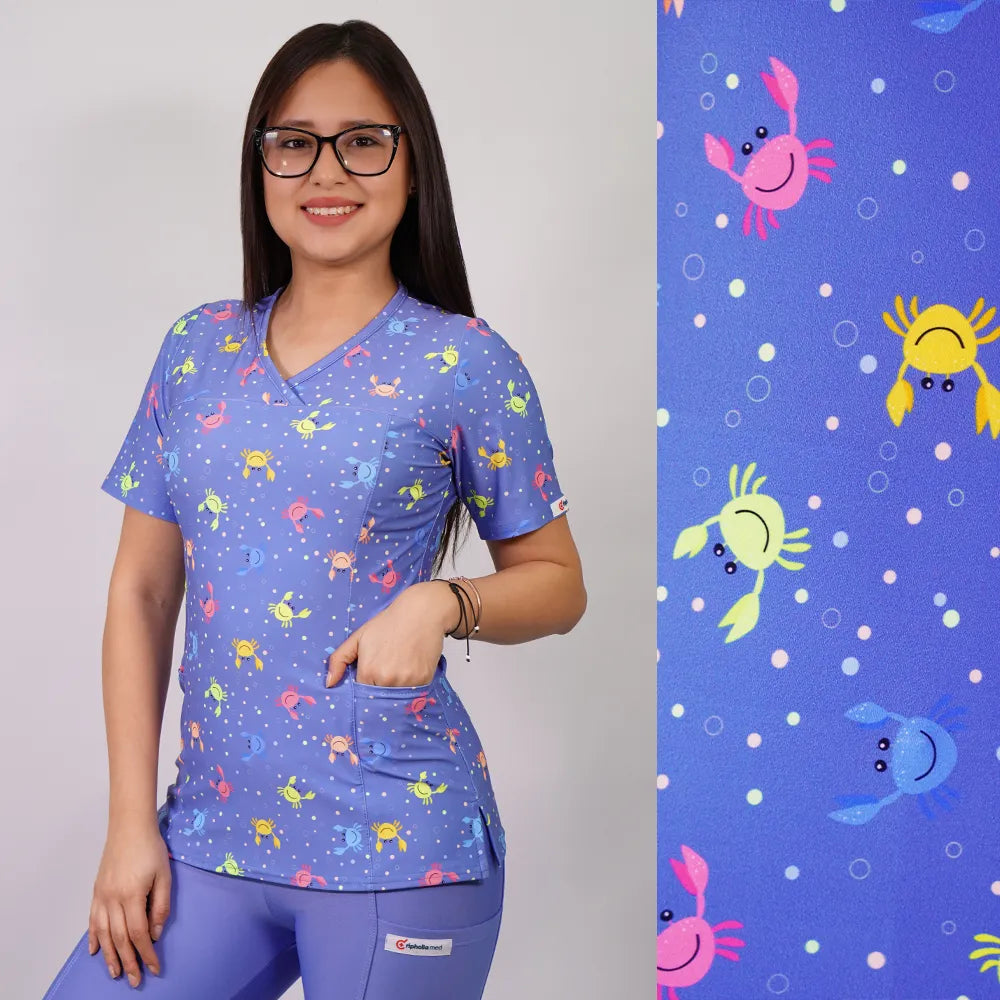 Delantal Mujer tela elasticada estampada Cangrejos. Combina con Celeste - Art. 2508