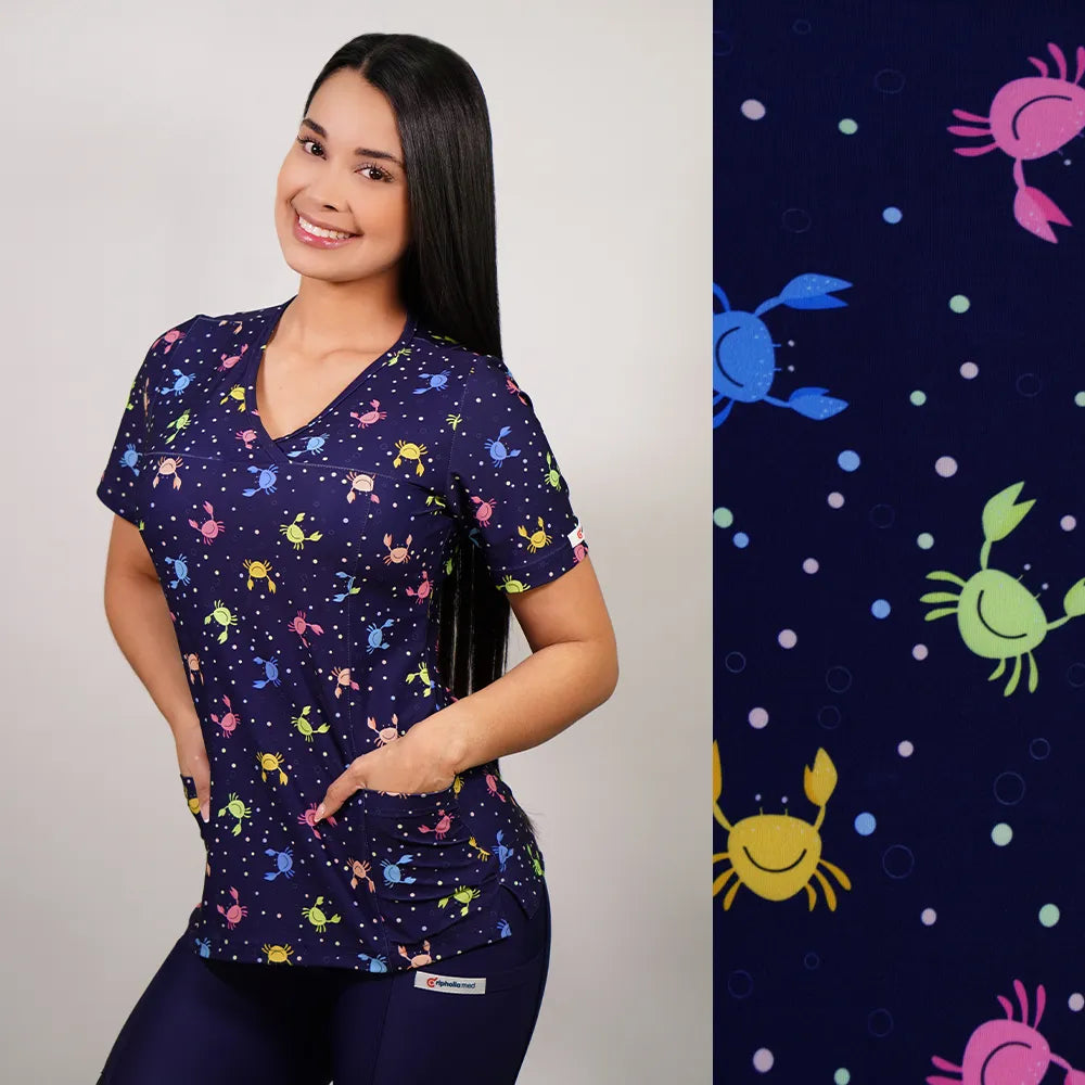 Delantal Mujer tela elasticada estampada Cangrejos. Combina con Azul Marino - Art. 2509