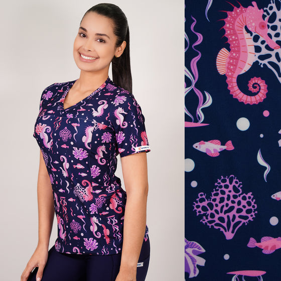 Delantal Mujer tela elasticada estampada Caballito de mar. Combina con Azul Marino - Art. 2512