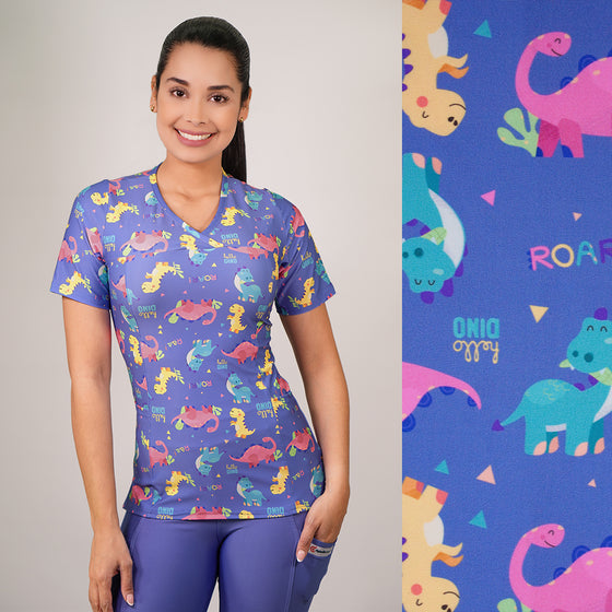 Delantal Mujer tela elasticada estampada Dinosaurios. Combina con Celeste - Art. 2514
