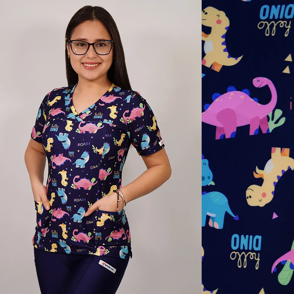 Delantal Mujer tela elasticada estampada Dinosaurios. Combina con Azul Marino - Art. 2515