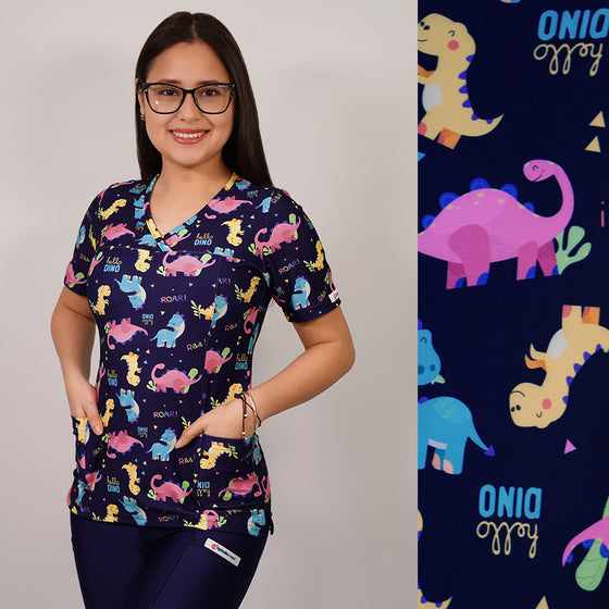 Delantal Mujer tela elasticada estampada Dinosaurios. Combina con Azul Marino - Art. 2515