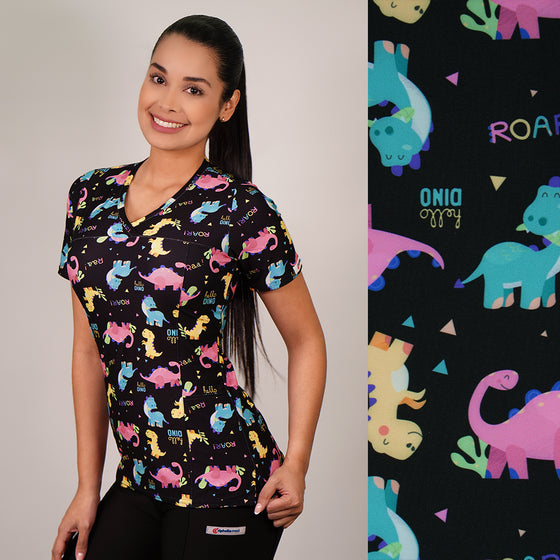 Delantal Mujer tela elasticada estampada Dinosaurios. Combina con Negro - Art. 2516