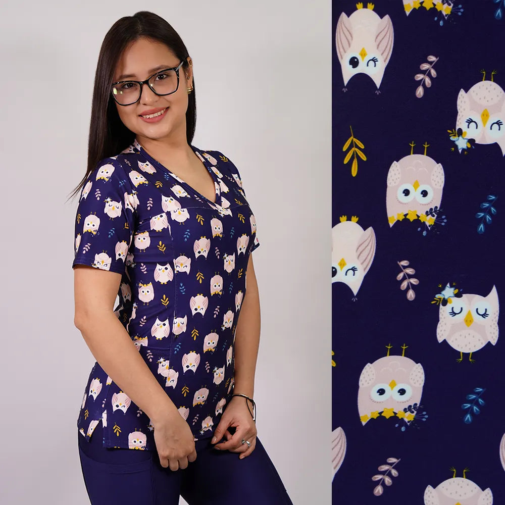 Delantal Mujer tela elasticada estampada Búho. Combina con Azul Marino - Art. 2519