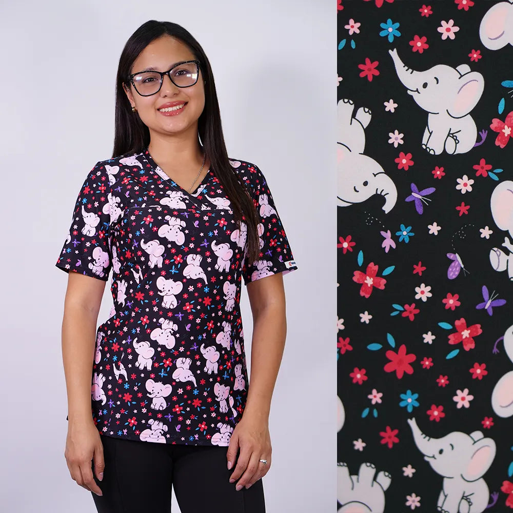 Delantal Mujer tela elasticada estampada Elefantes. Combina con negro - Art. 2535