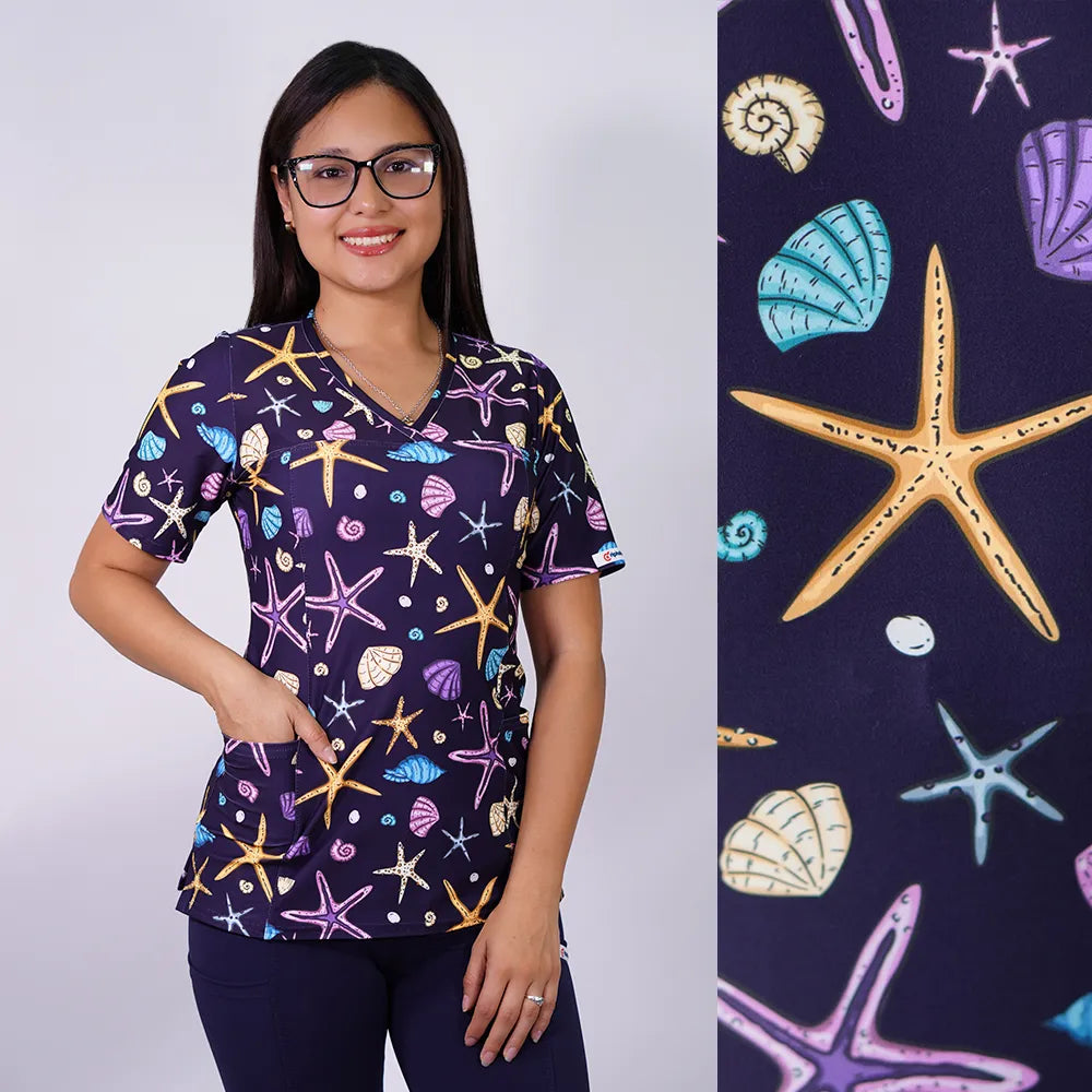 Delantal Mujer tela elasticada estampada mar. Azul marino - Art. 2538