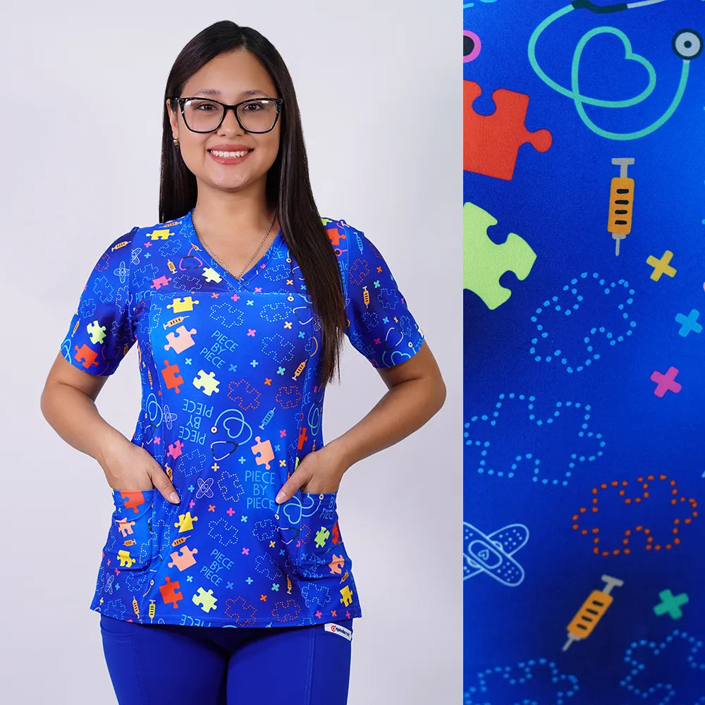 Delantal Mujer tela elasticada estampada Rompecabezas. Combina con Azul Rey - Art. 2540