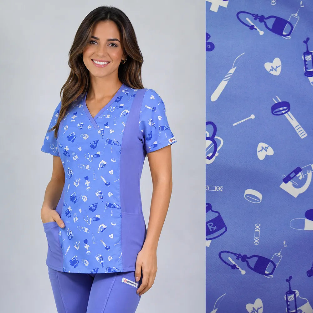 Delantal Mujer modelo Fusión tela Anti fluidos estampada. Celeste - Art. FUS-3