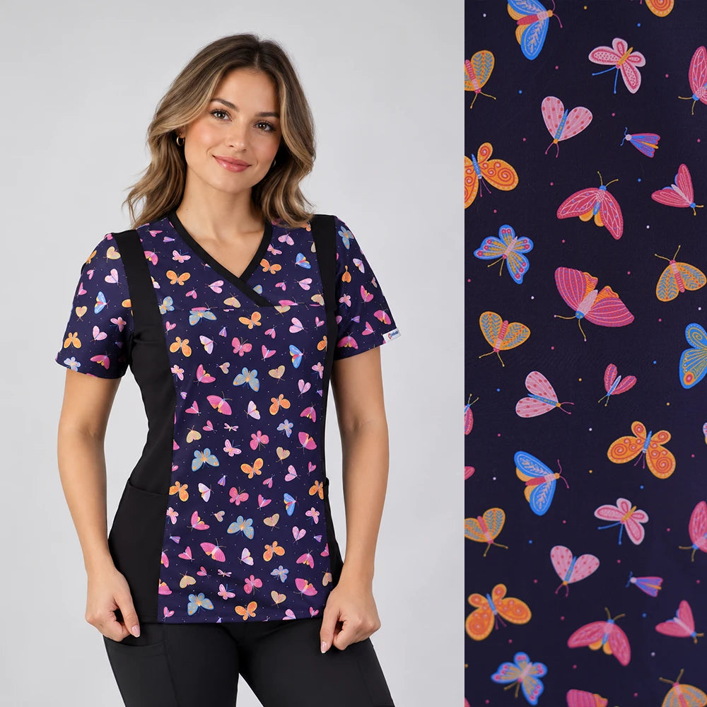 Delantal Mujer - Fusión tela Anti fluidos estampado Mariposas. Negro - FUS-5