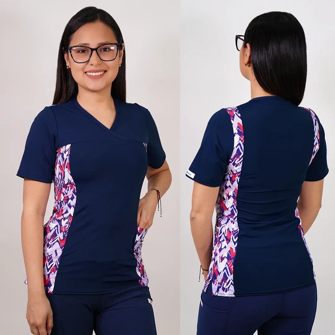 Delantal Mujer tela elasticada C/aplic. estampada al costado. Azul Marino - Art. LQ-7
